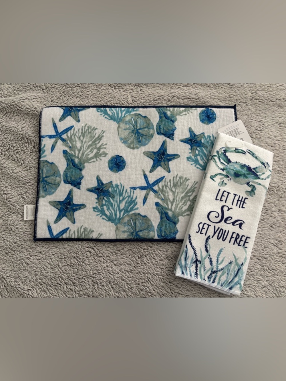 Coastal Starfish Bathroom Towel - Blue and Drying Mat